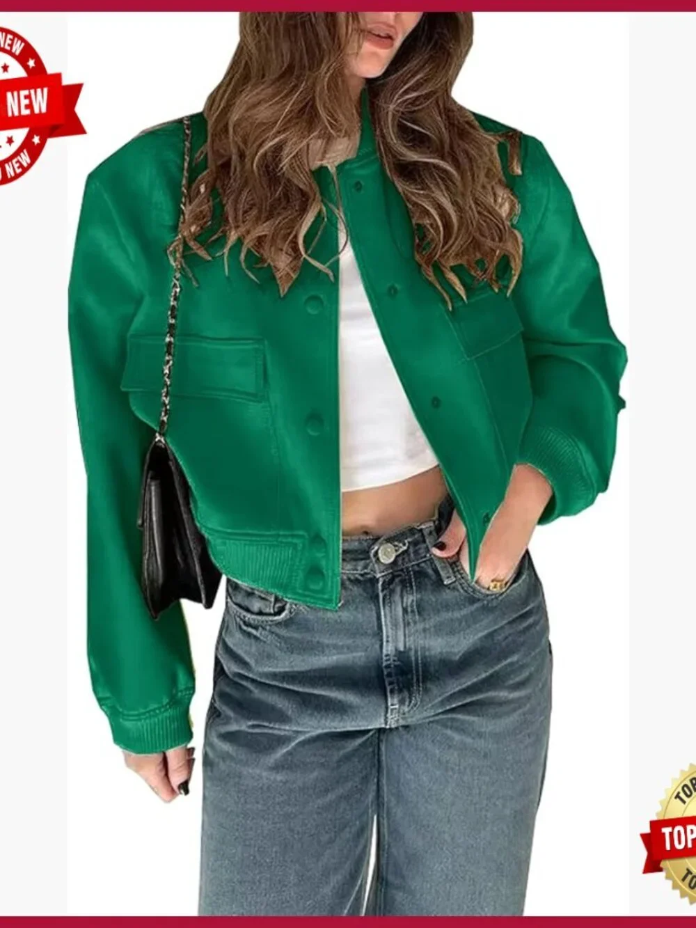 Cropped Bomber Jacket Button Down Varsity Shacket with Pockets